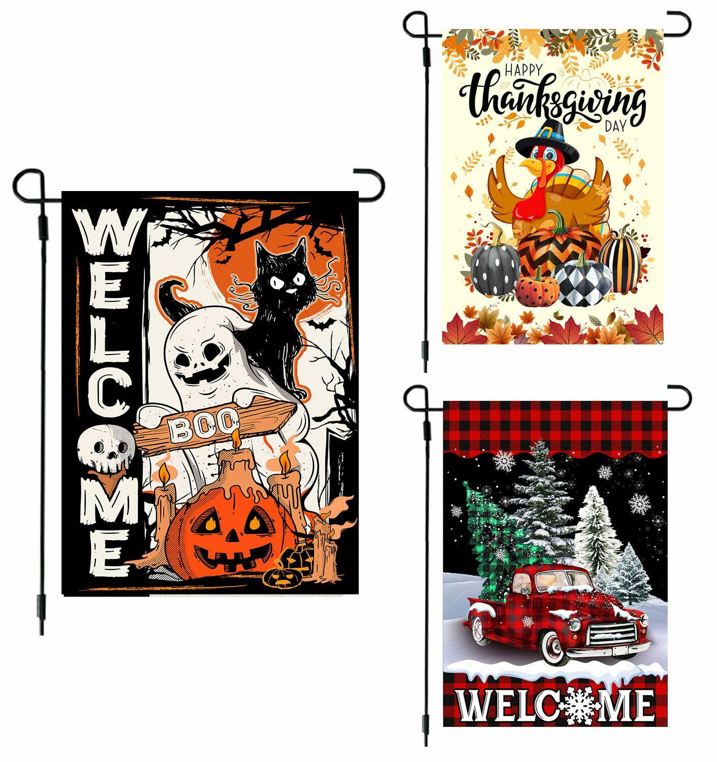 4SEASONS POD Holiday Garden Flags Set of 3 12x18 Double Sided Halloween Xmas