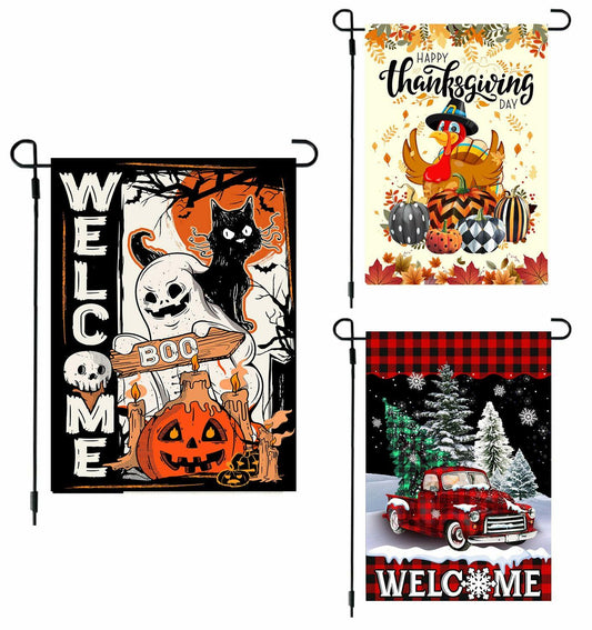 4SEASONS POD Holiday Garden Flags Set of 3 12x18 Double Sided Halloween Xmas