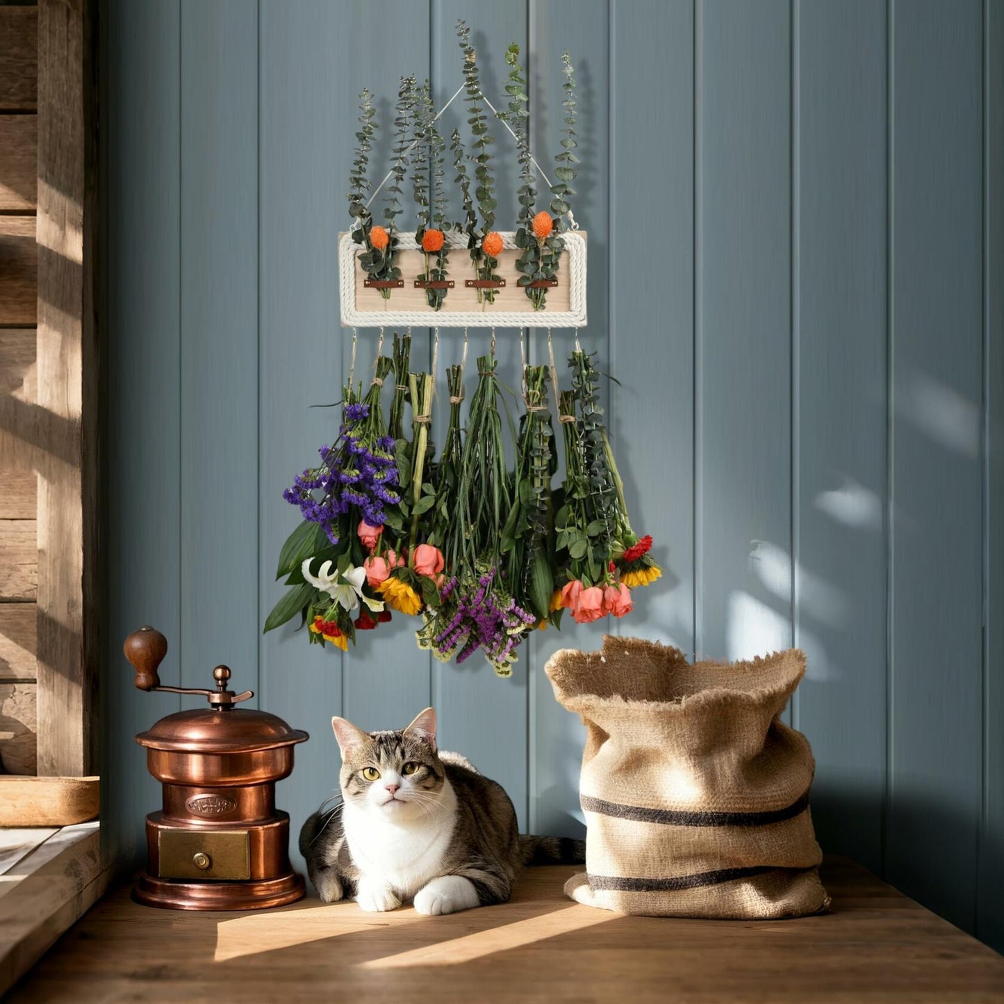 heiwinner Herb Drying Rack Hanging Rustic Wood 4-Compartment 15.7x5.9x0.59