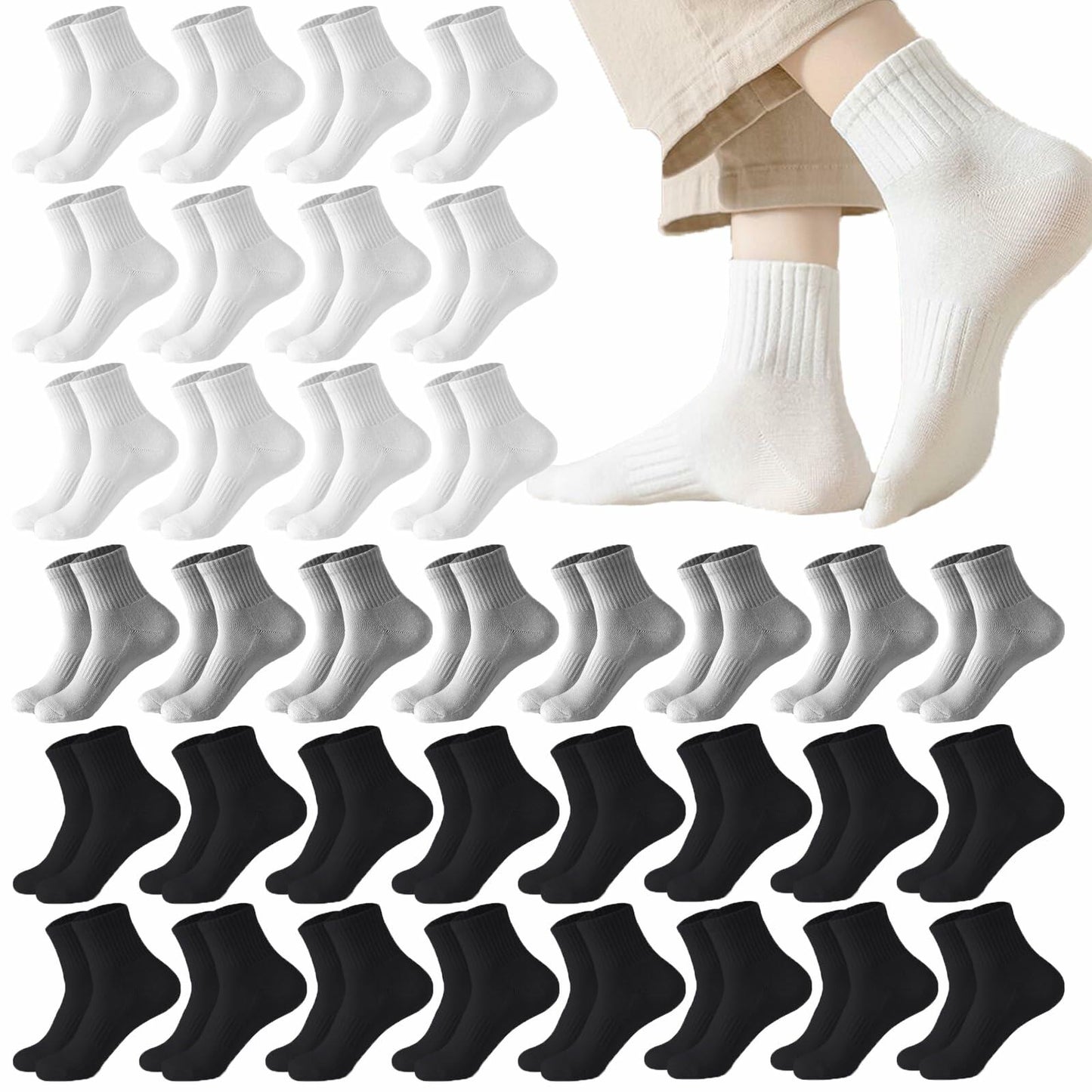 Looknniy Men’s Cushion Ankle Socks Cotton 20 Pairs Mixed Colors One Size