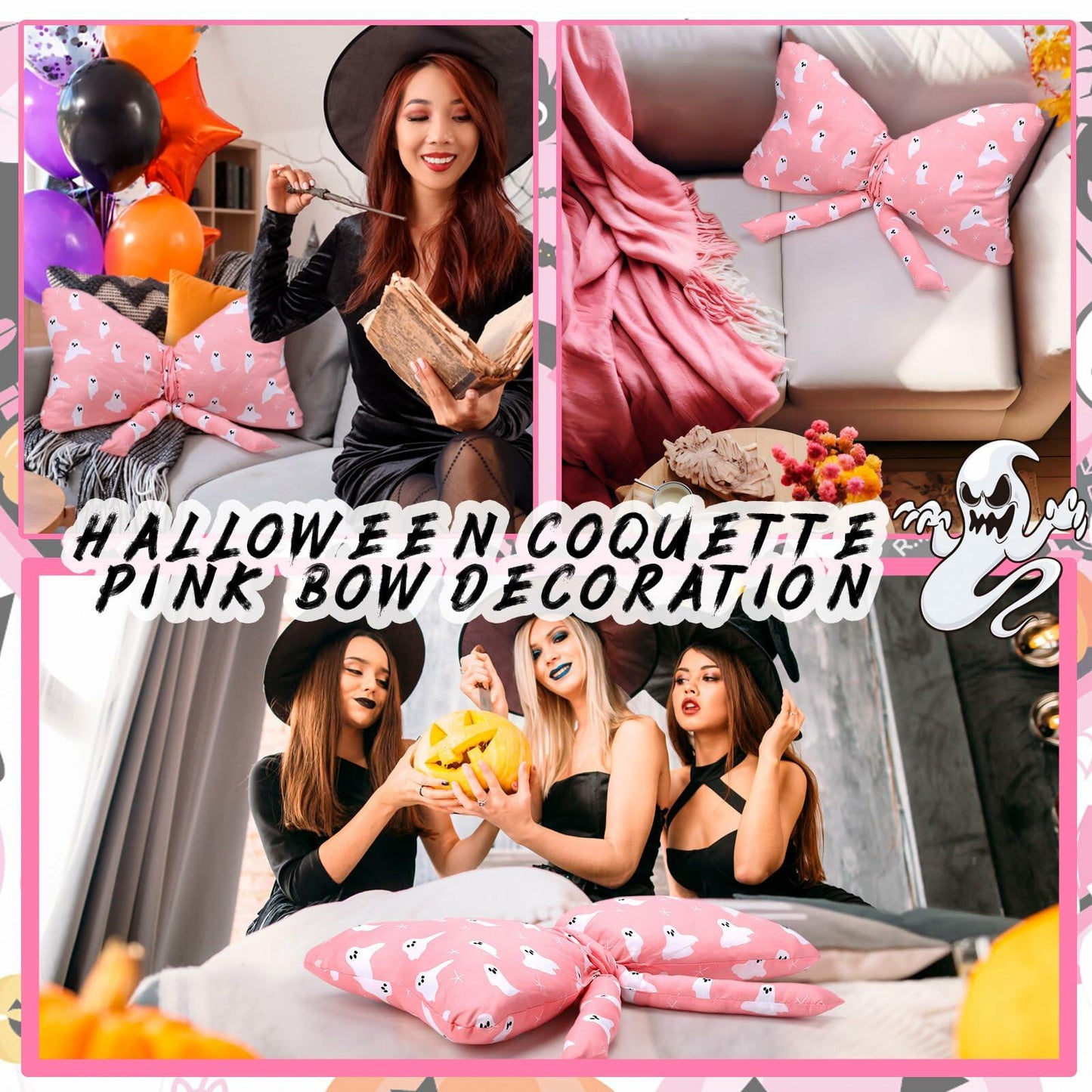 Weysat Pink Halloween Ghost Bow Pillow 13x24 Inch Large Cotton Cushion