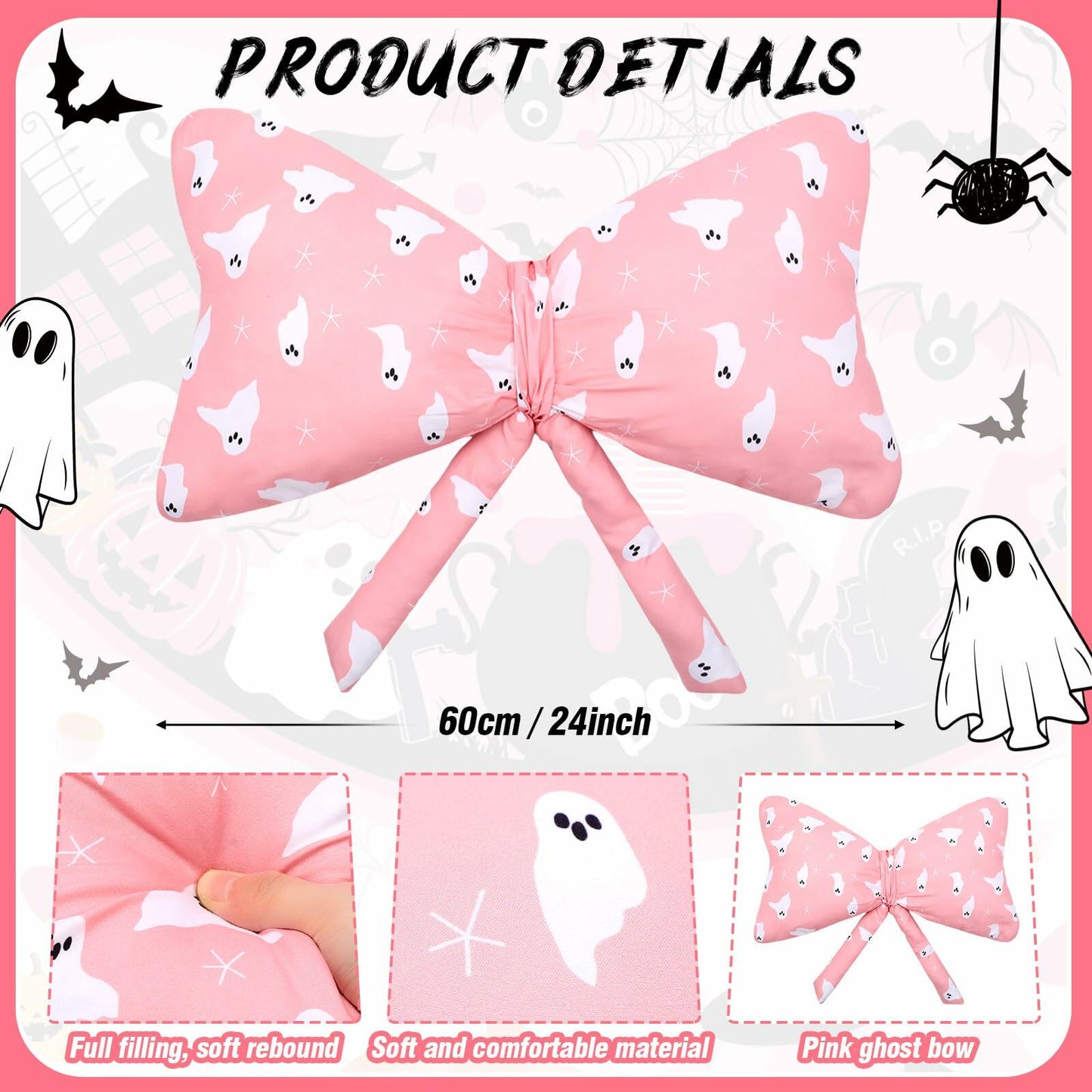 Weysat Pink Halloween Ghost Bow Pillow 13x24 Inch Large Cotton Cushion