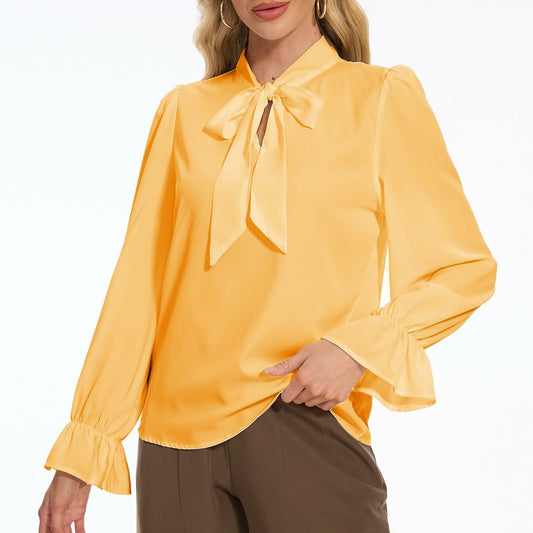 VIPONES Women Yellow Chiffon Bow Tie Neck Blouse Classic Polyester Size M