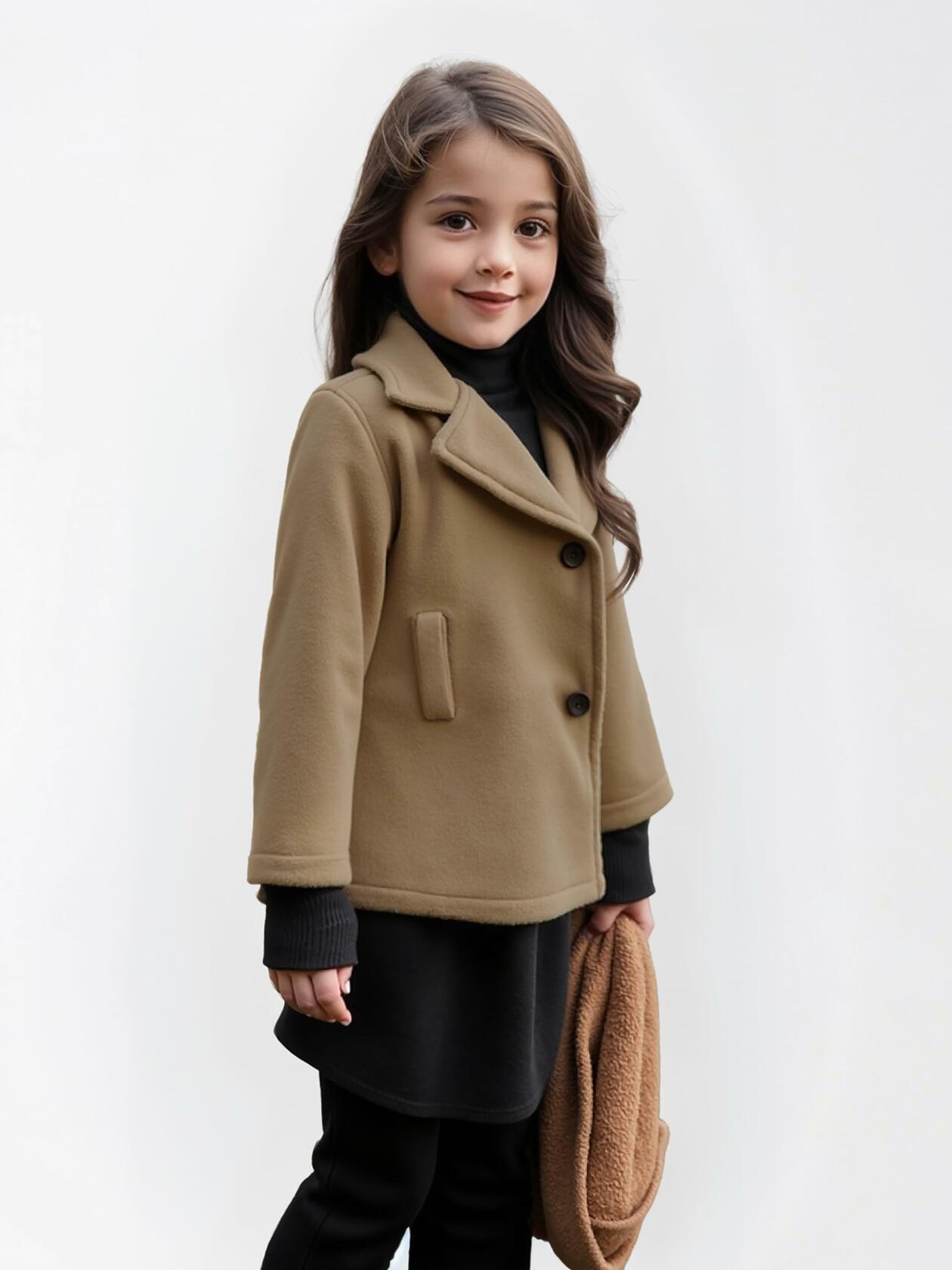 VKOMEO Girls Fleece Winter Coat Lapel Peacoat Khaki Size 2-3T
