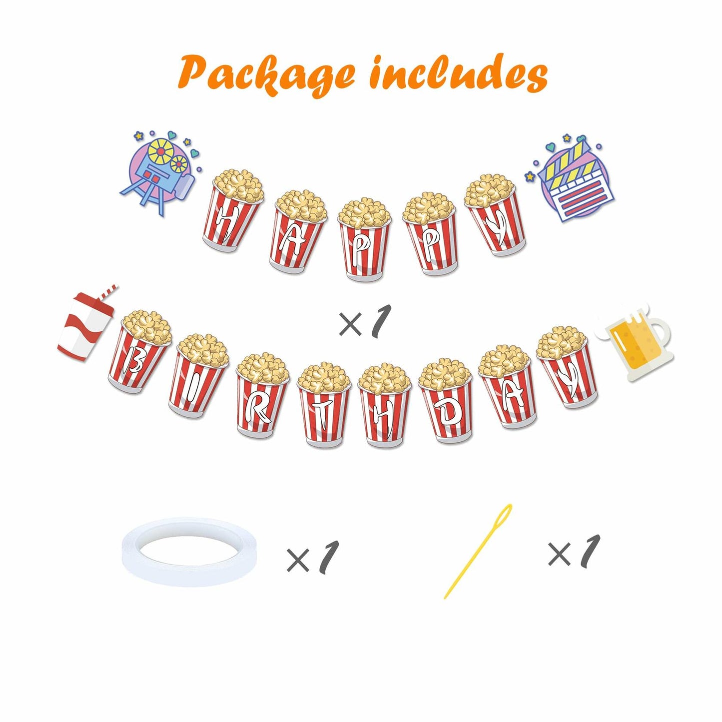 JIVELER Popcorn Happy Birthday Banner Movie Night Theme Multi-color Garland