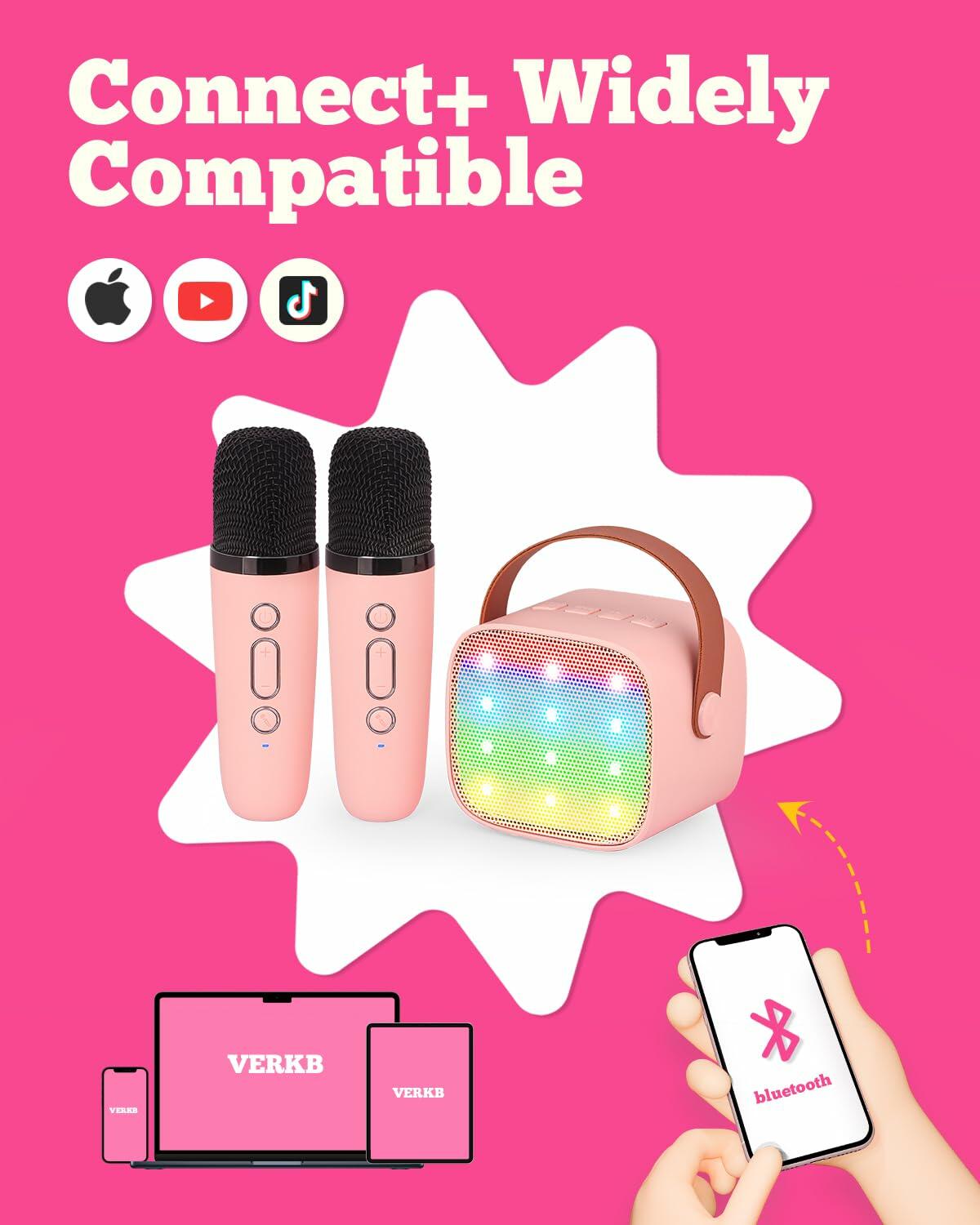 VERKB Kids Karaoke Machine Bluetooth Speaker 2 Wireless Mics Pink