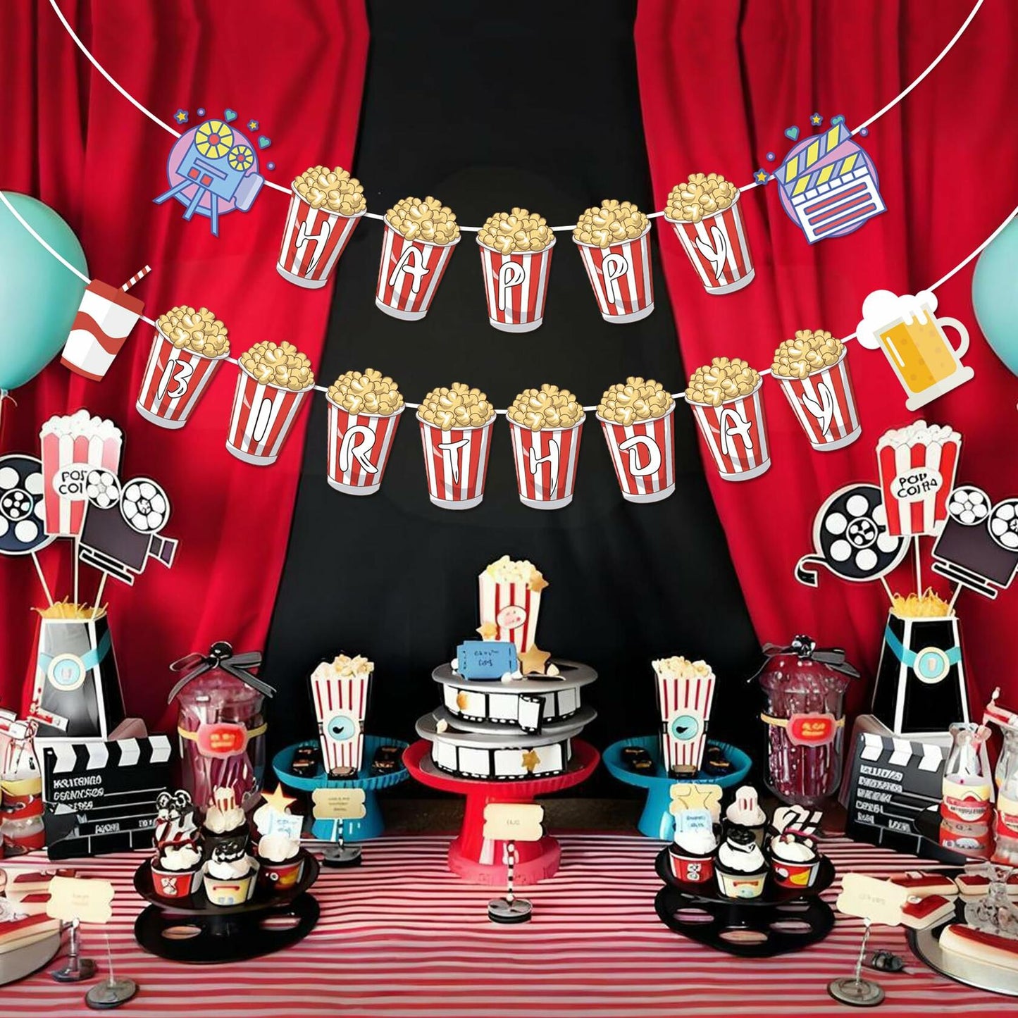 JIVELER Popcorn Happy Birthday Banner Movie Night Theme Multi-color Garland