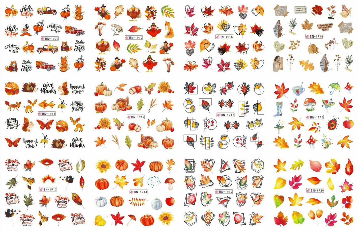 YEFIUO Fall Winter Maple Leaf Pumpkin Nail Art Stickers Water Transfer 12 in 1