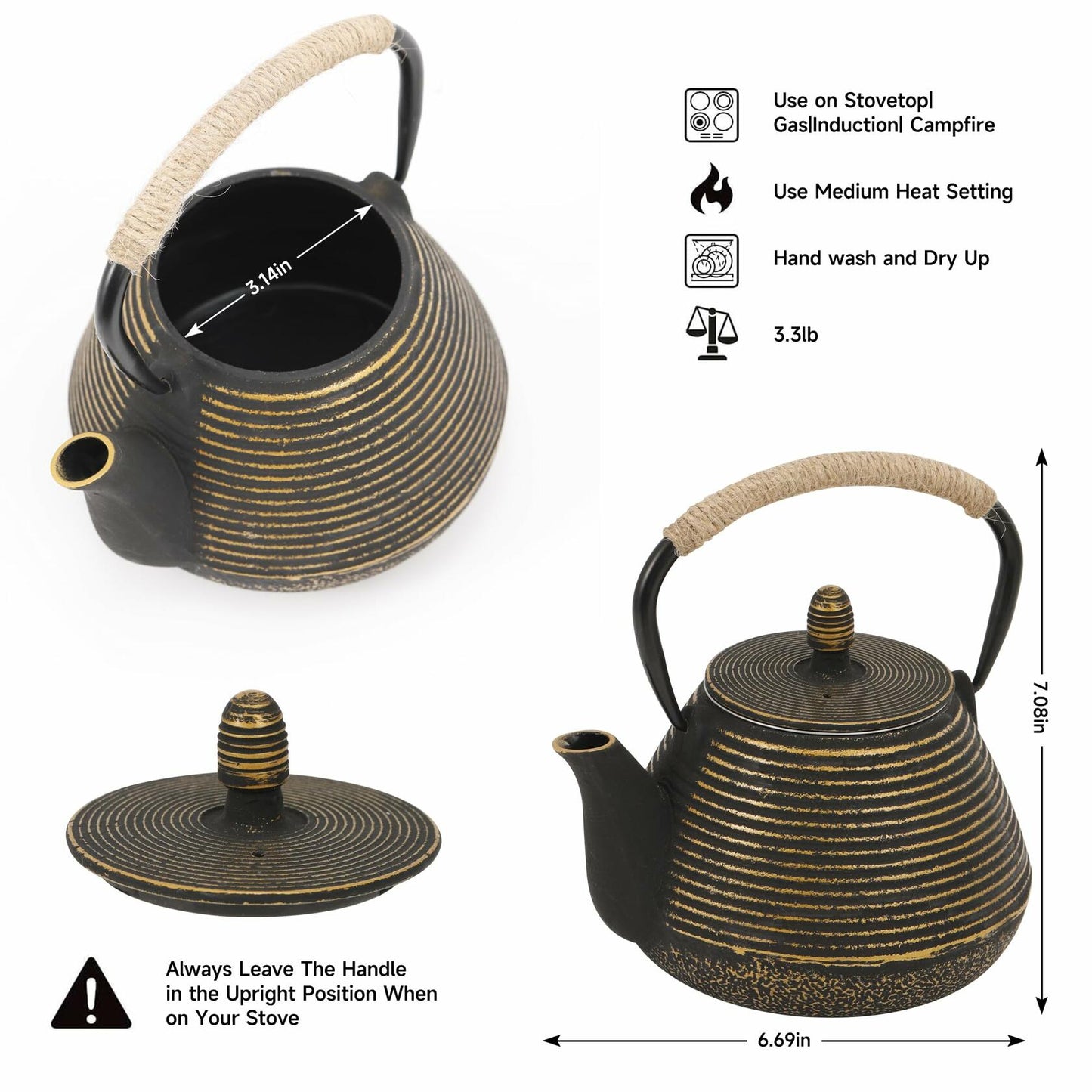 MIDIMORI Cast Iron Teapot Japanese Stovetop Enameled 34oz ANNUAL RING