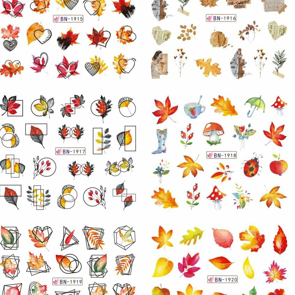 YEFIUO Fall Winter Maple Leaf Pumpkin Nail Art Stickers Water Transfer 12 in 1