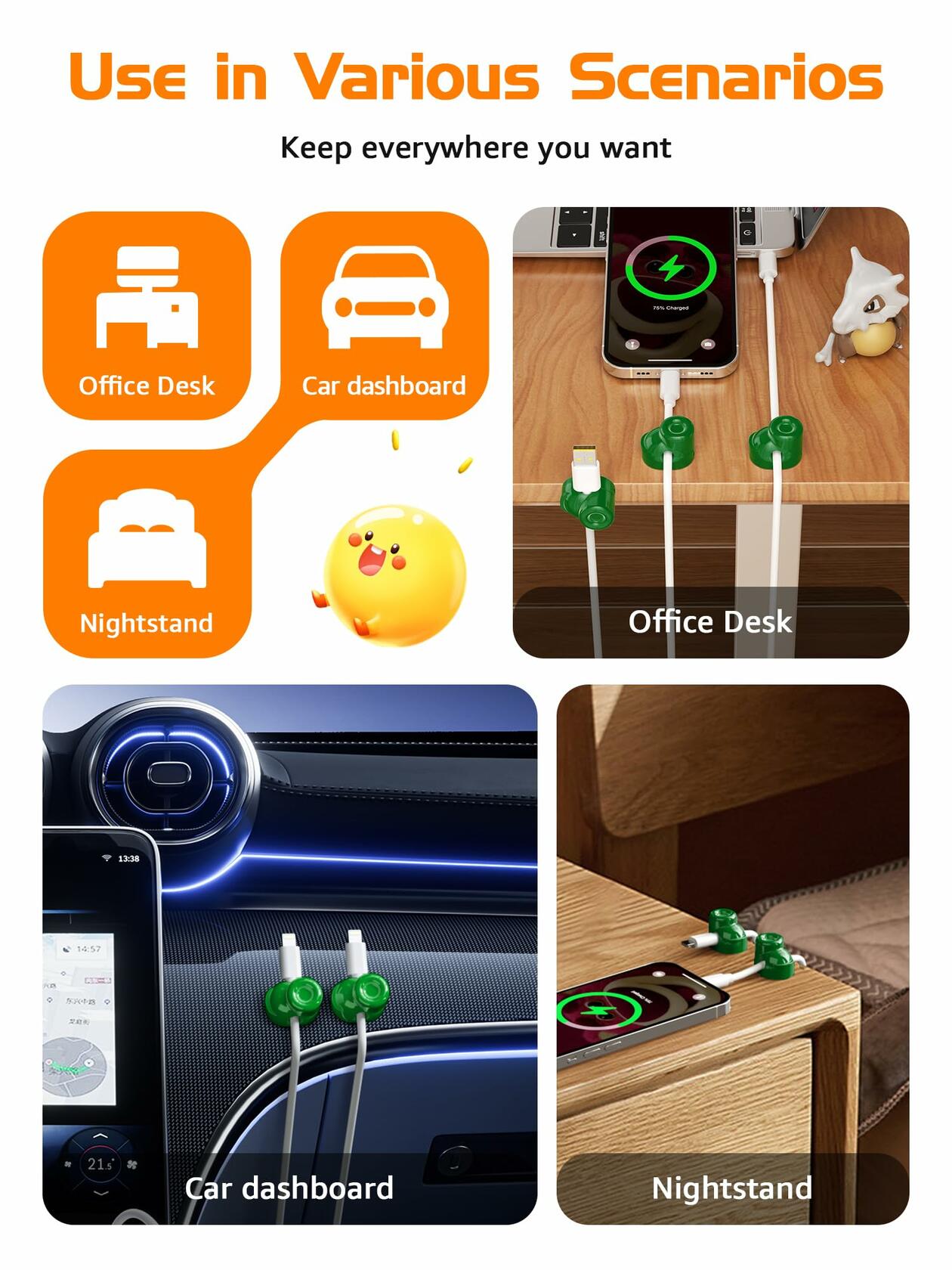 gliship 6 Pack Magnetic Cable Clips Adjustable Cord Holder Green