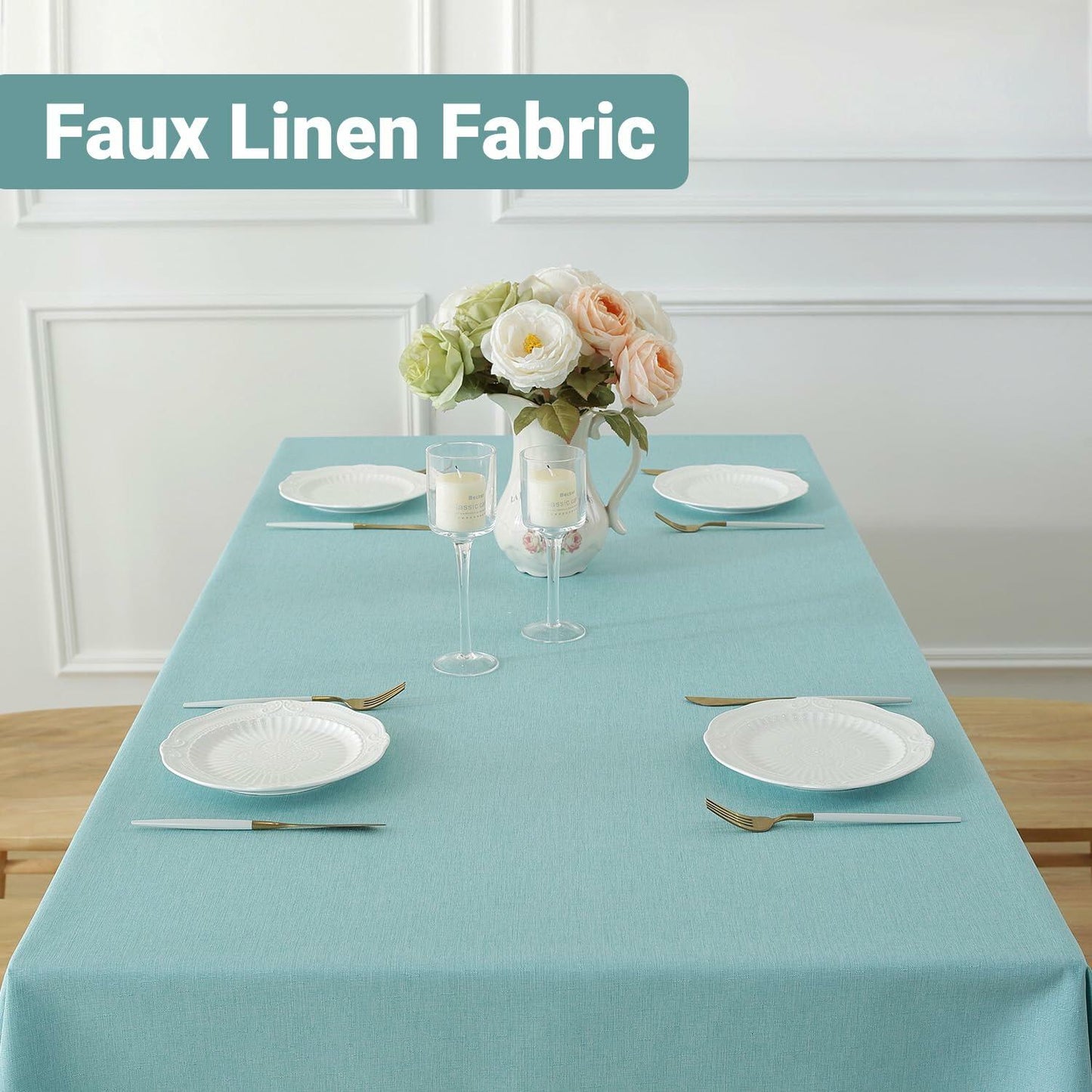 Laolitou Square Tablecloth 60x60in Blue Linen Waterproof Washable
