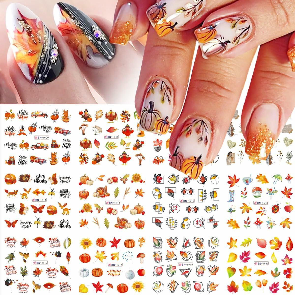 YEFIUO Fall Winter Maple Leaf Pumpkin Nail Art Stickers Water Transfer 12 in 1