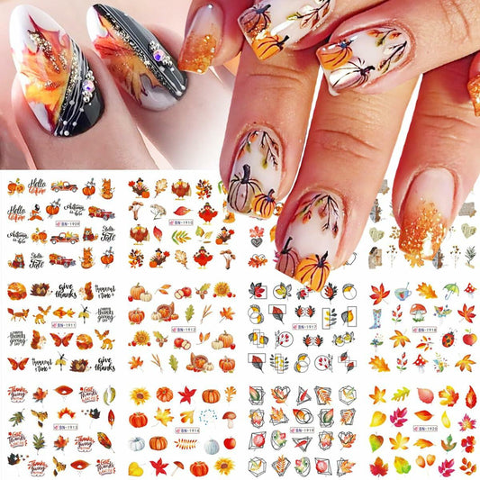 YEFIUO Fall Winter Maple Leaf Pumpkin Nail Art Stickers Water Transfer 12 in 1