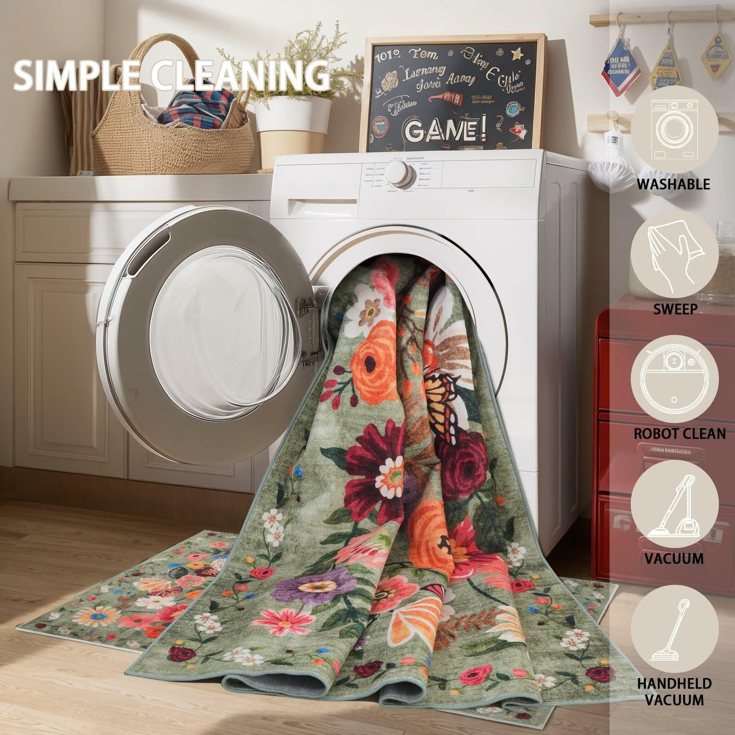 GRAMBET Area Rug 24x17 Inch Non Slip Low Pile Floral Green Garden