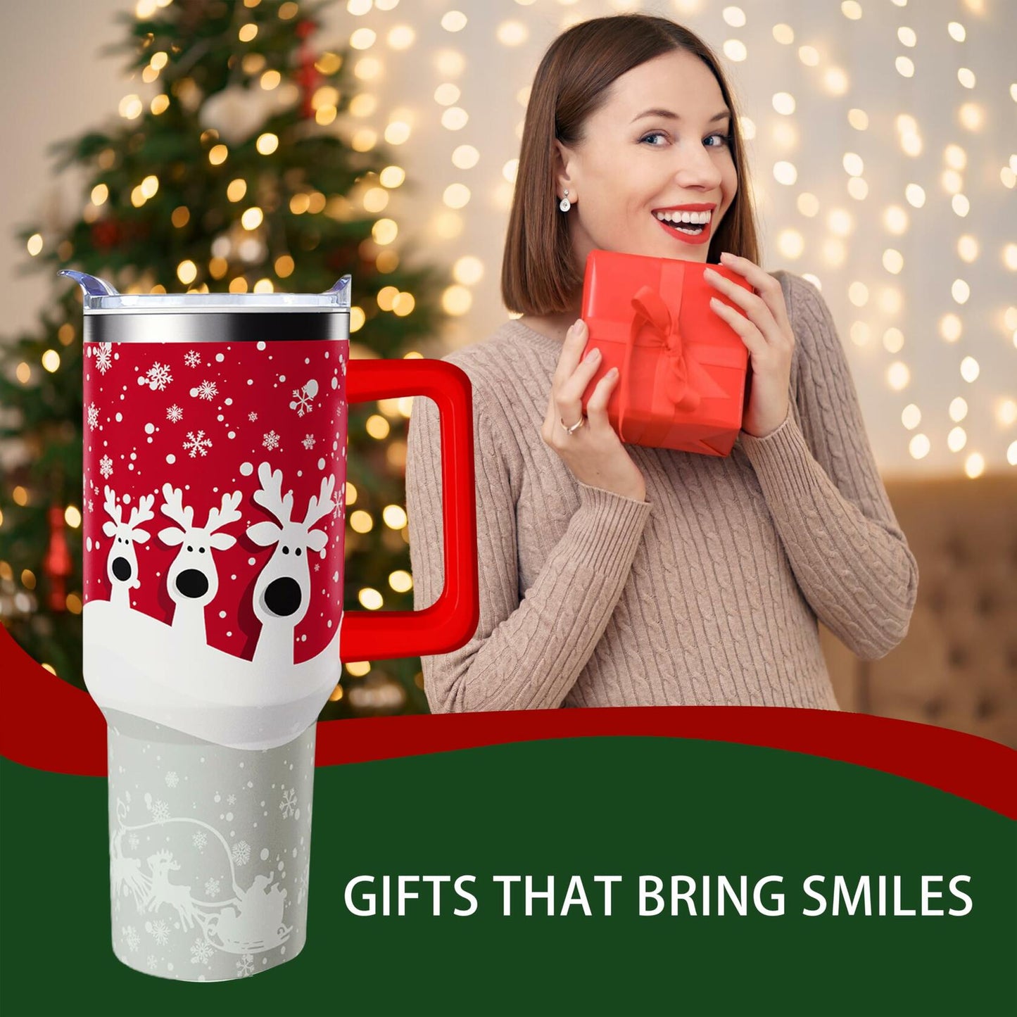 aiwkjdns 40oz Stainless Steel Merry Christmas Tumbler Handle Straw Red Snowman