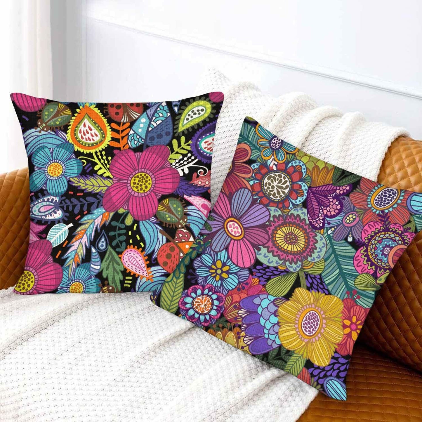 Boqpolu Boho Floral Pillow Covers 18x18 Inch Colorful Set of 2 Cotton Linen