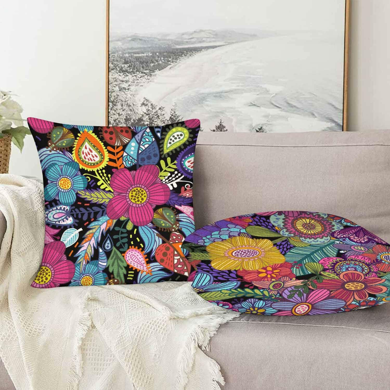 Boqpolu Boho Floral Pillow Covers 18x18 Inch Colorful Set of 2 Cotton Linen