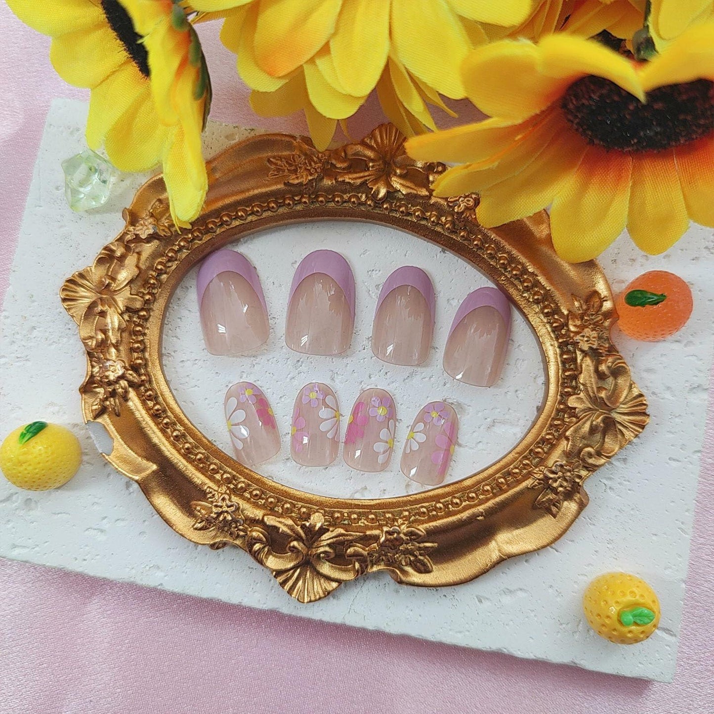 YOJIATOP Summer Press On Nails Short Oval Flower Design Purple Nude 24Pcs