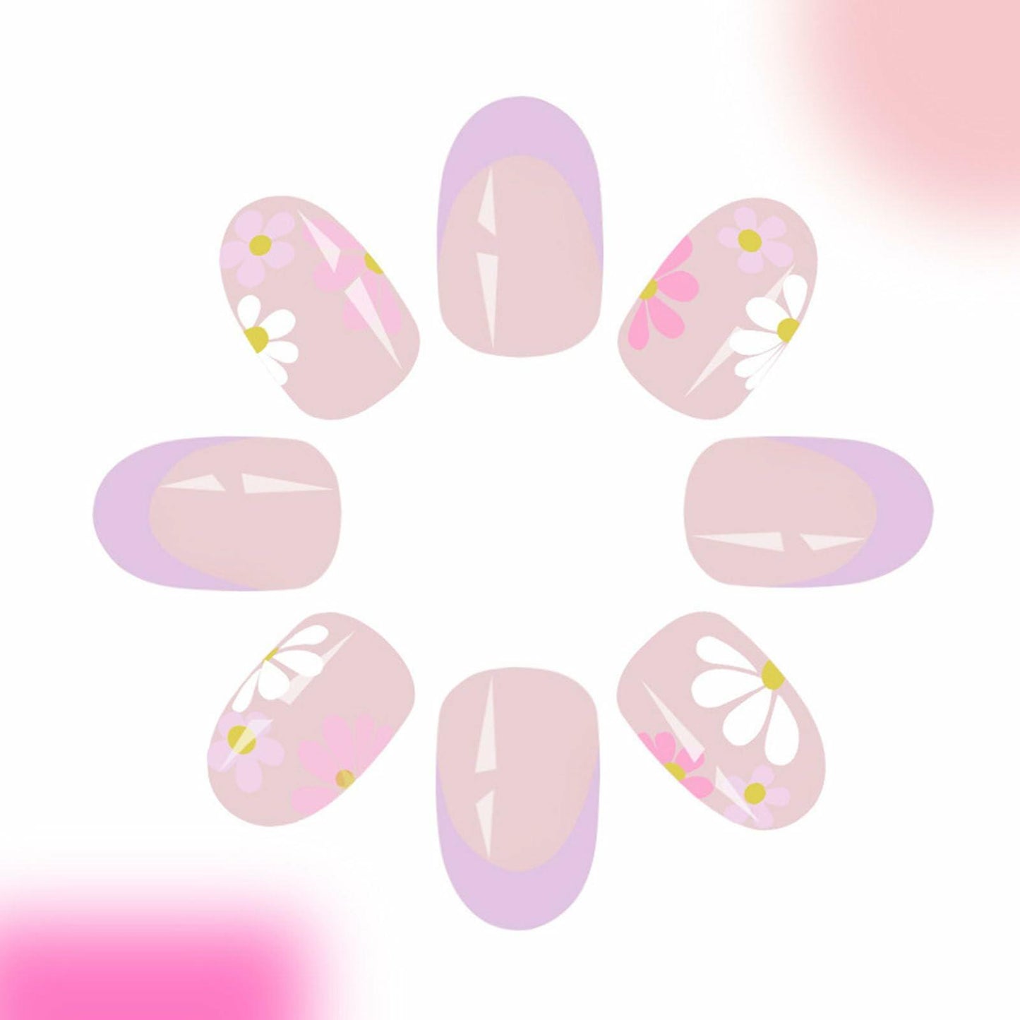 YOJIATOP Summer Press On Nails Short Oval Flower Design Purple Nude 24Pcs