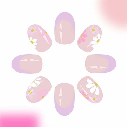 YOJIATOP Summer Press On Nails Short Oval Flower Design Purple Nude 24Pcs