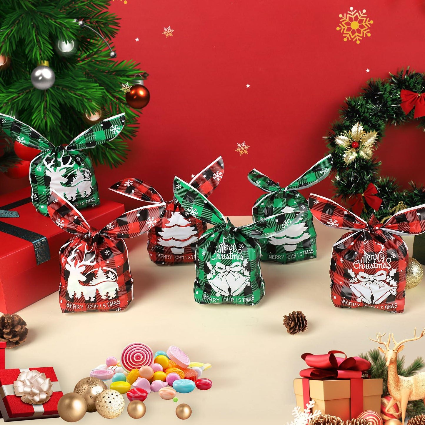 YimeBand 100Pcs Christmas Goodies Gift Bags 6 Styles Small Plastic