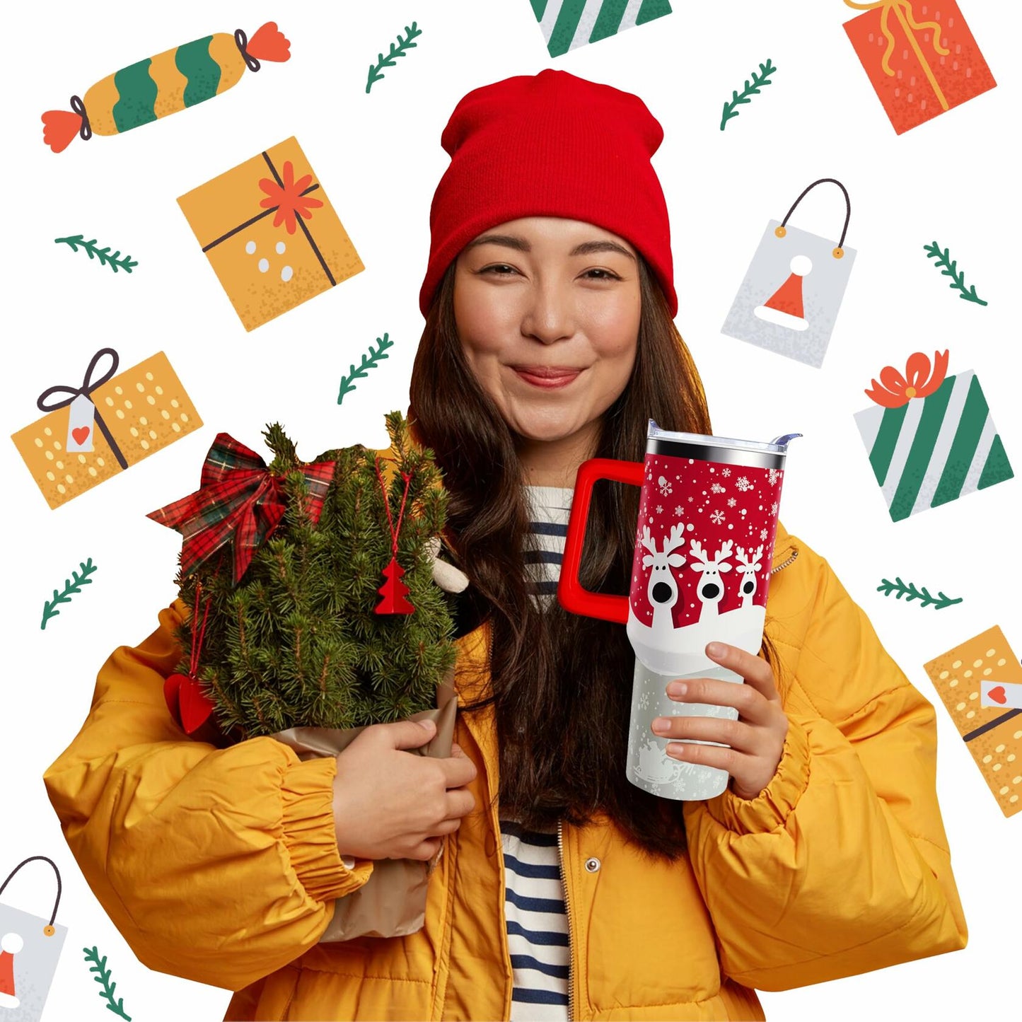 aiwkjdns 40oz Stainless Steel Merry Christmas Tumbler Handle Straw Red Snowman