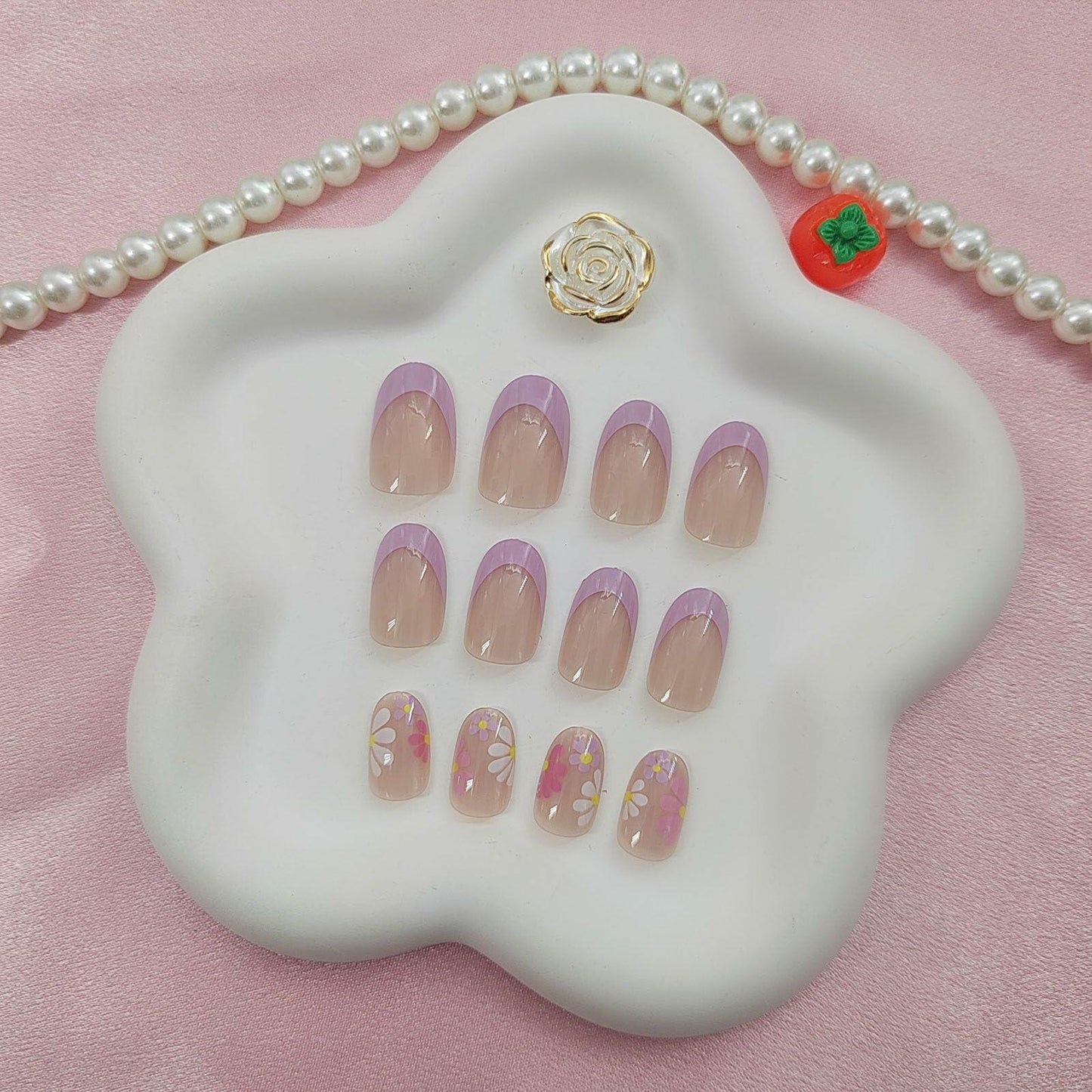 YOJIATOP Summer Press On Nails Short Oval Flower Design Purple Nude 24Pcs