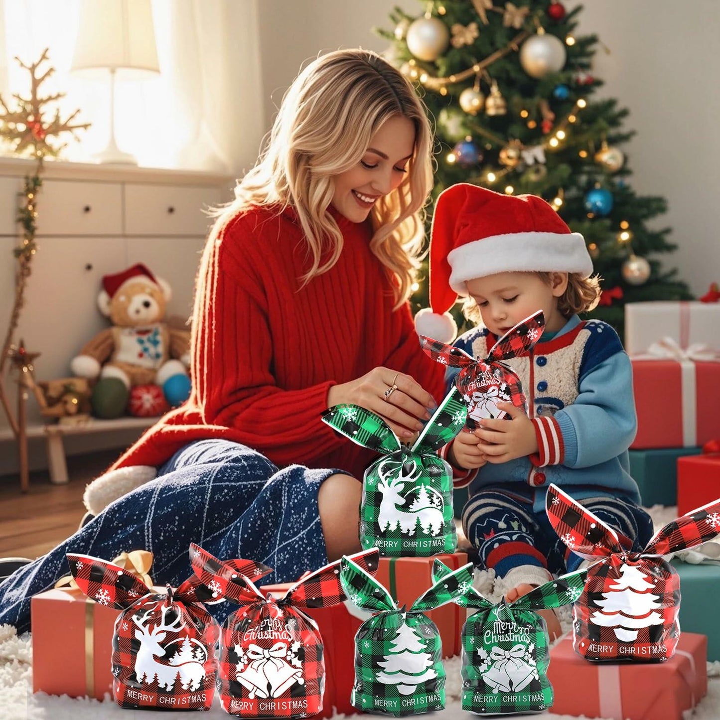 YimeBand 100Pcs Christmas Goodies Gift Bags 6 Styles Small Plastic