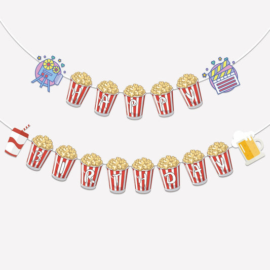 JIVELER Popcorn Happy Birthday Banner Movie Night Theme Multi-color Garland