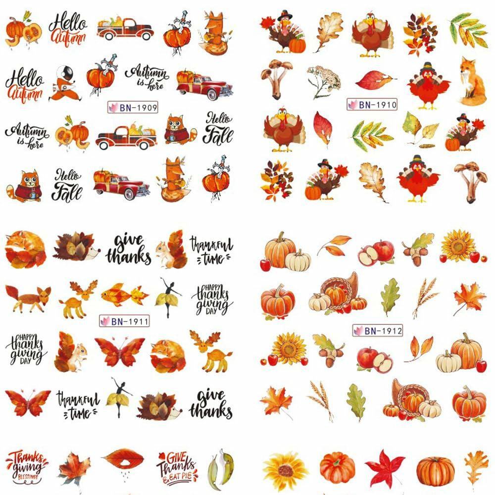 YEFIUO Fall Winter Maple Leaf Pumpkin Nail Art Stickers Water Transfer 12 in 1