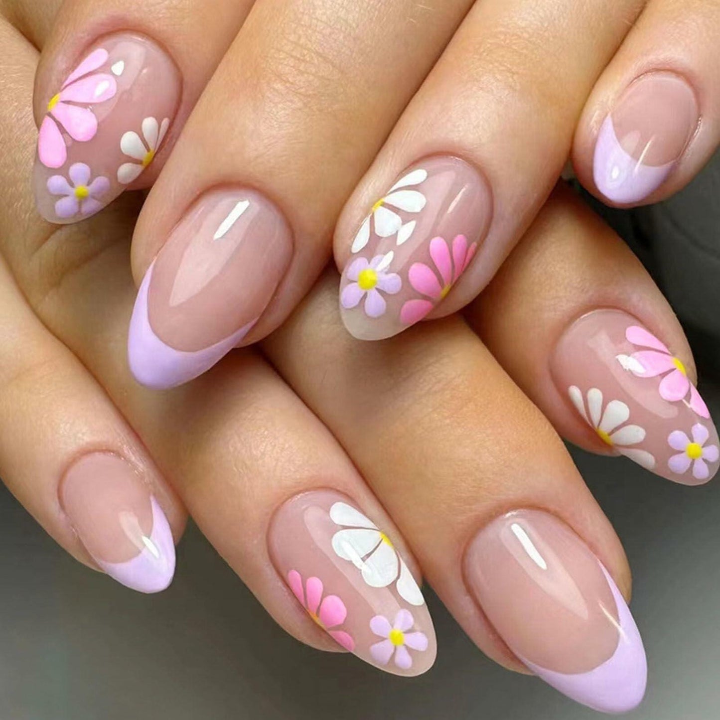 YOJIATOP Summer Press On Nails Short Oval Flower Design Purple Nude 24Pcs