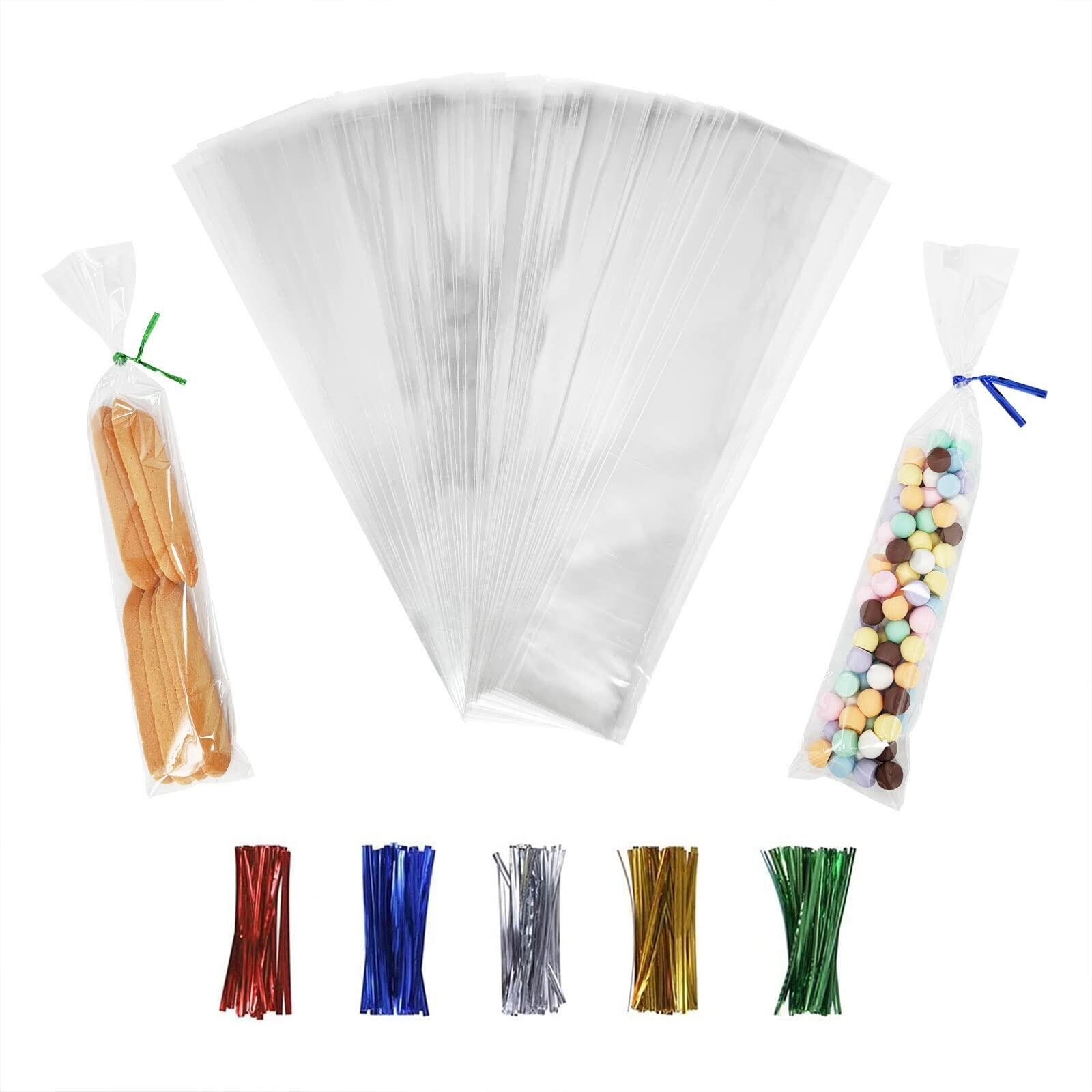 XLSFPY 100 Clear Treat Bags 2x10in with 4in Twist Ties 1.4 mil Thick