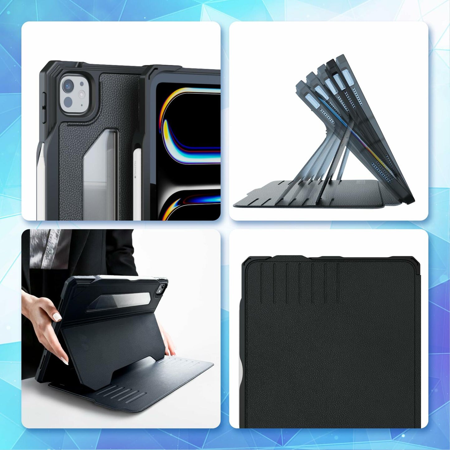 UZBL iPad Pro 13-inch 2024 Vegan Leather Case Magnetic Stand Black