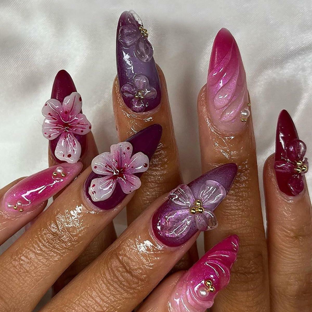 YEFIUO 30 Pcs Dark Purple Short Almond Press On Nails with 3D Flowers