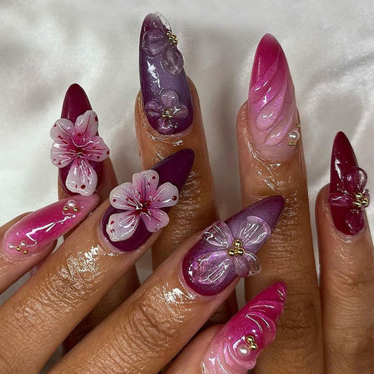 YEFIUO 30 Pcs Dark Purple Short Almond Press On Nails with 3D Flowers