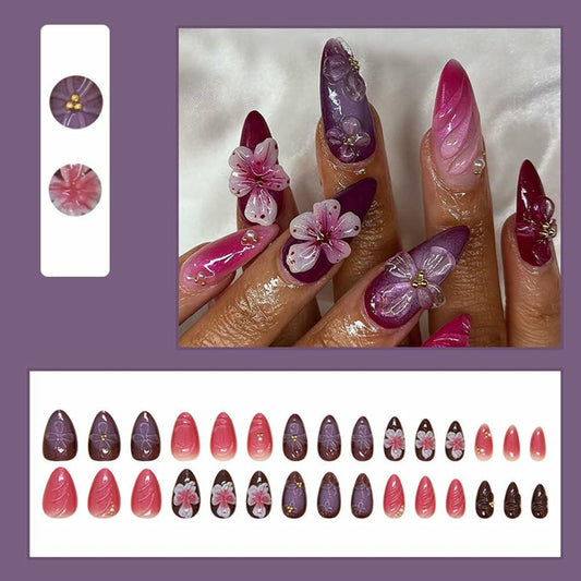 YEFIUO 30 Pcs Dark Purple Short Almond Press On Nails with 3D Flowers