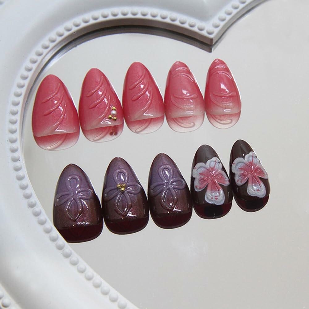 YEFIUO 30 Pcs Dark Purple Short Almond Press On Nails with 3D Flowers