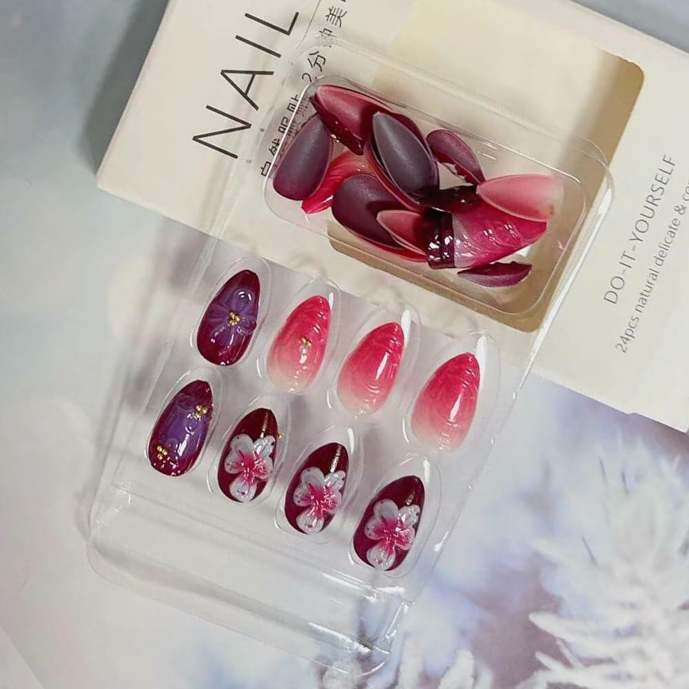 YEFIUO 30 Pcs Dark Purple Short Almond Press On Nails with 3D Flowers