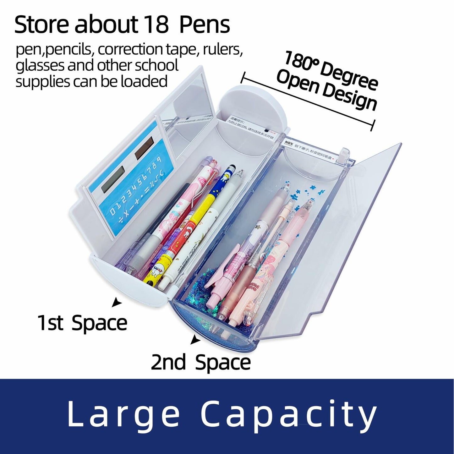 NBX NewmeBox Quicksand Pencil Case with Calculator & Mirror Purple Sakura Night