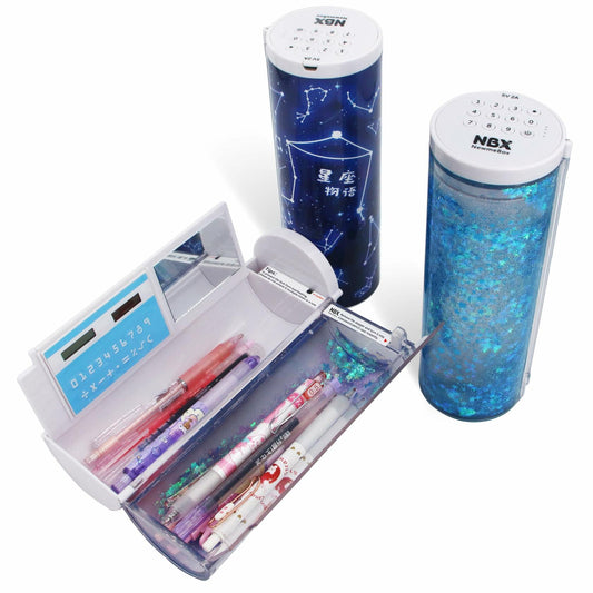 NBX NewmeBox Quicksand Pencil Case with Calculator & Mirror Purple Sakura Night