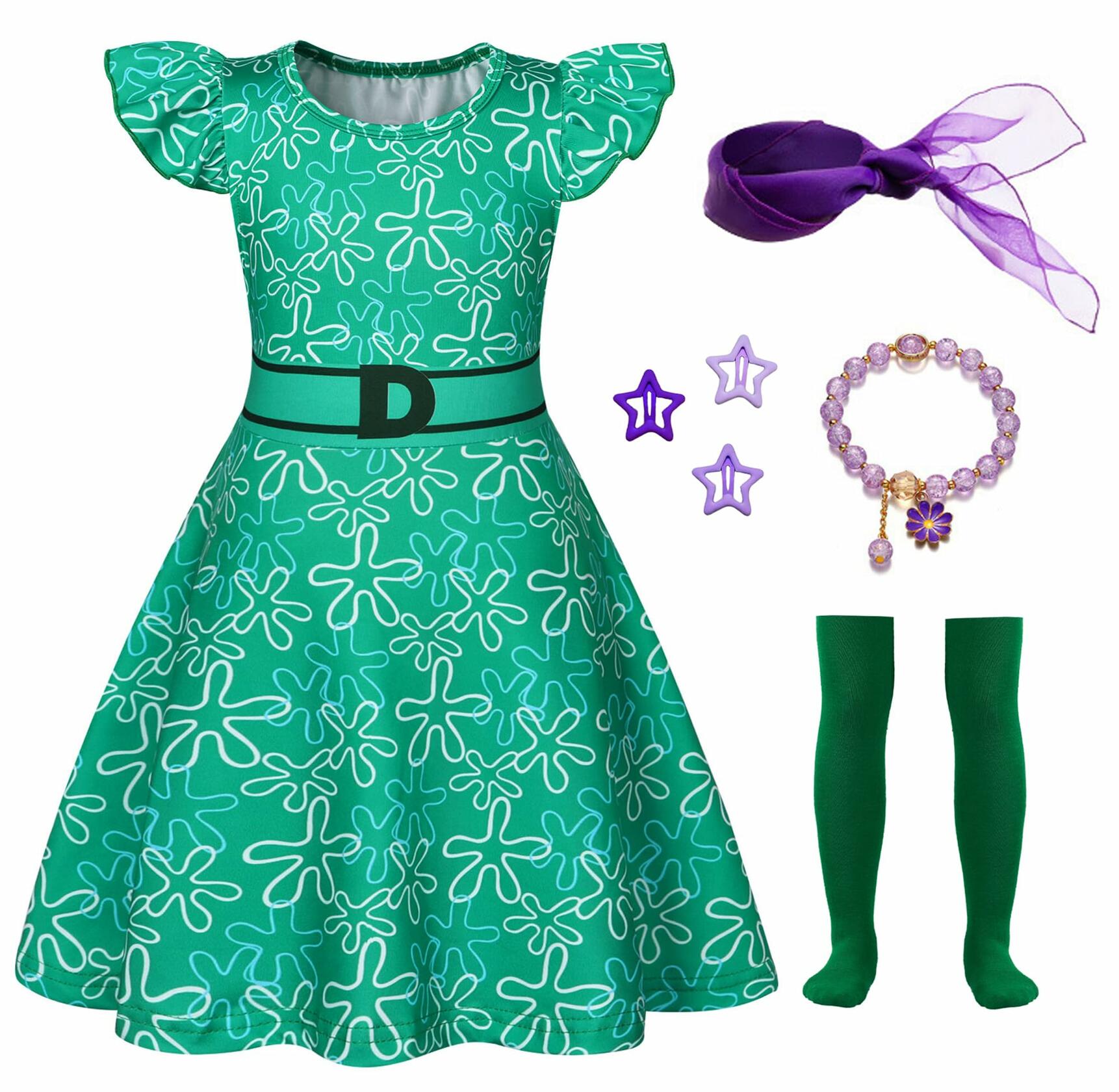 Akokvlar Girls Halloween Disgust Cartoon Dress Green Size 8-9 Years