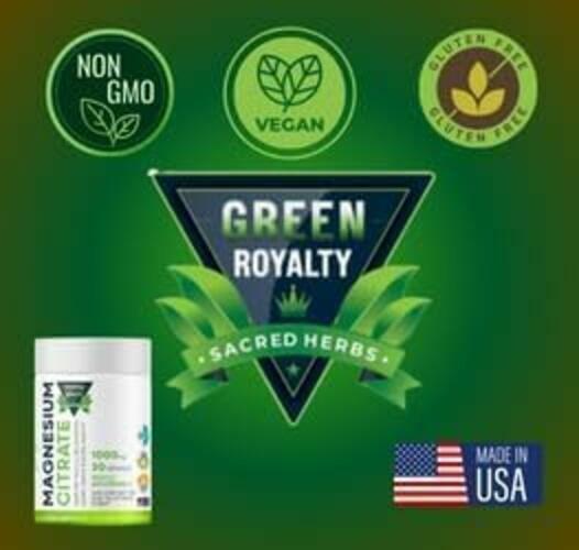 GREEN ROYALTY Magnesium Citrate 1000mg 60 Vegan Capsules Gluten Free USA