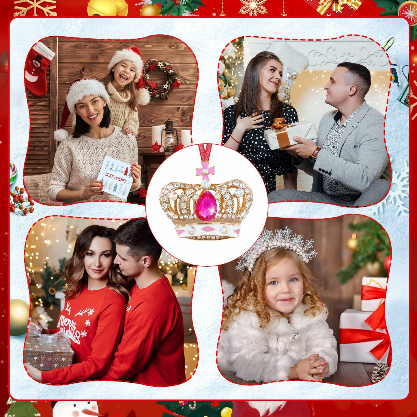 GROWTHMAGIC Pink Metal Crown Christmas Ornaments with Rhinestones Xmas Decor