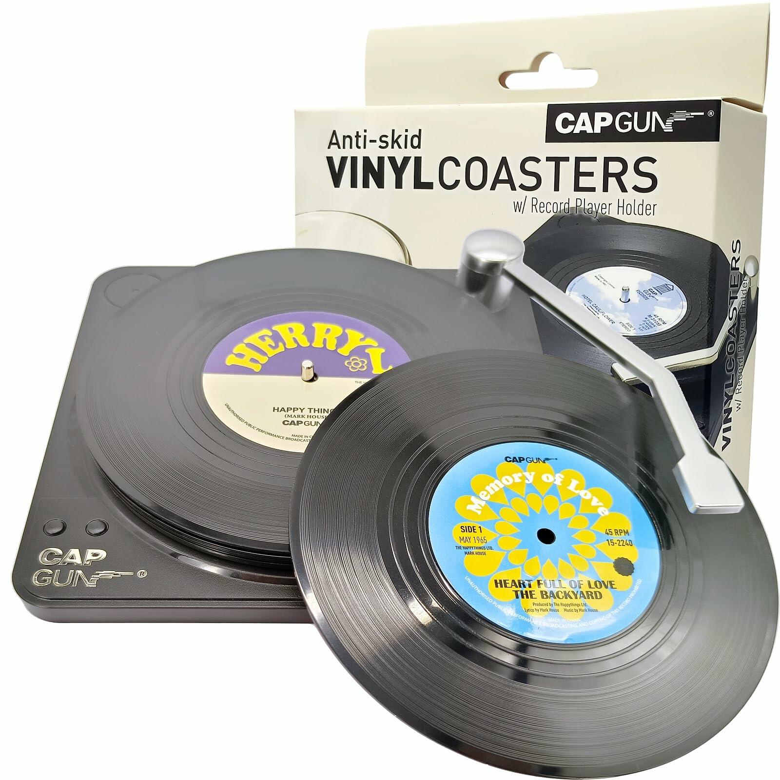 Sufcnire Retro Record Coasters with Vinyl Player Holder Set of 6 M2 Series