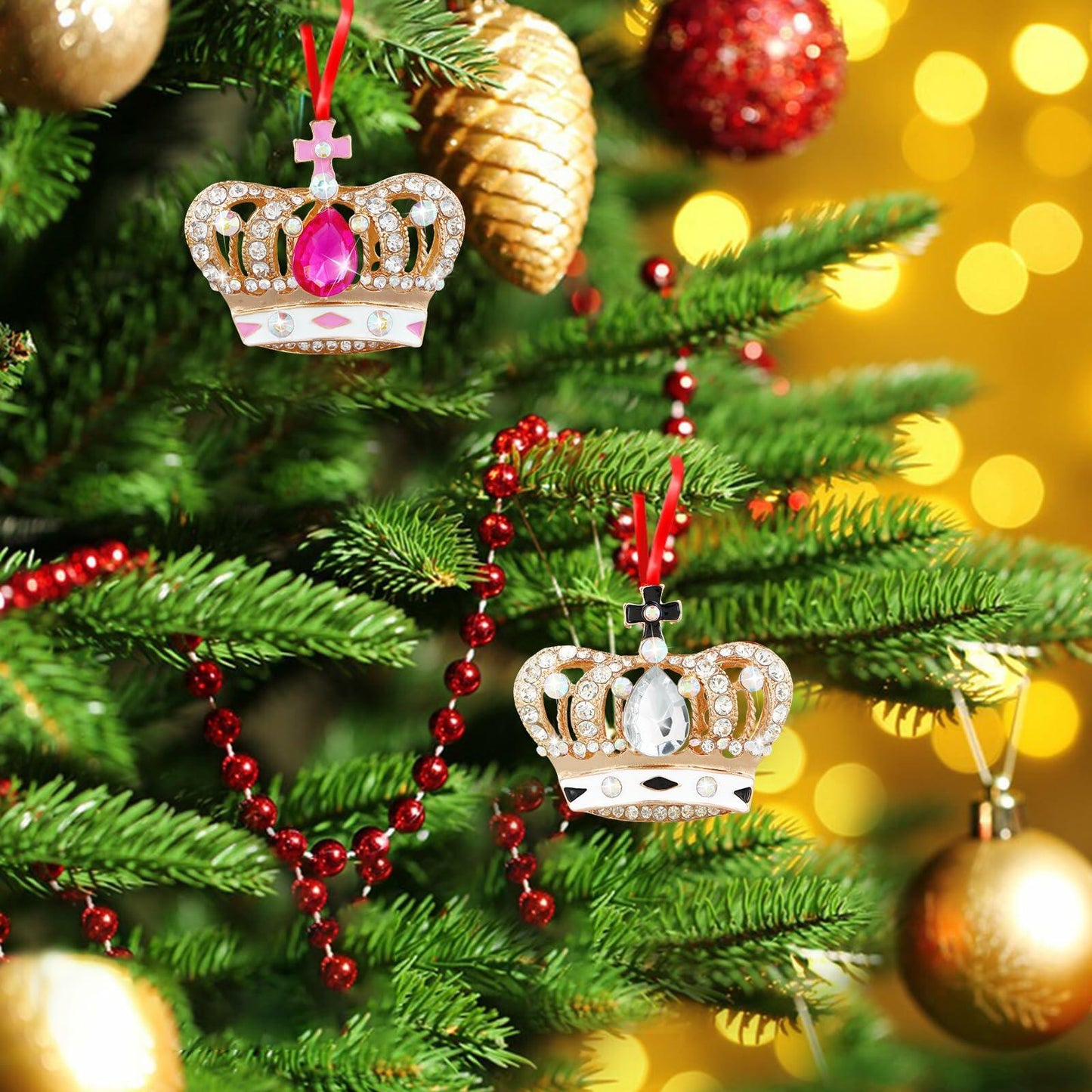 GROWTHMAGIC Pink Metal Crown Christmas Ornaments with Rhinestones Xmas Decor