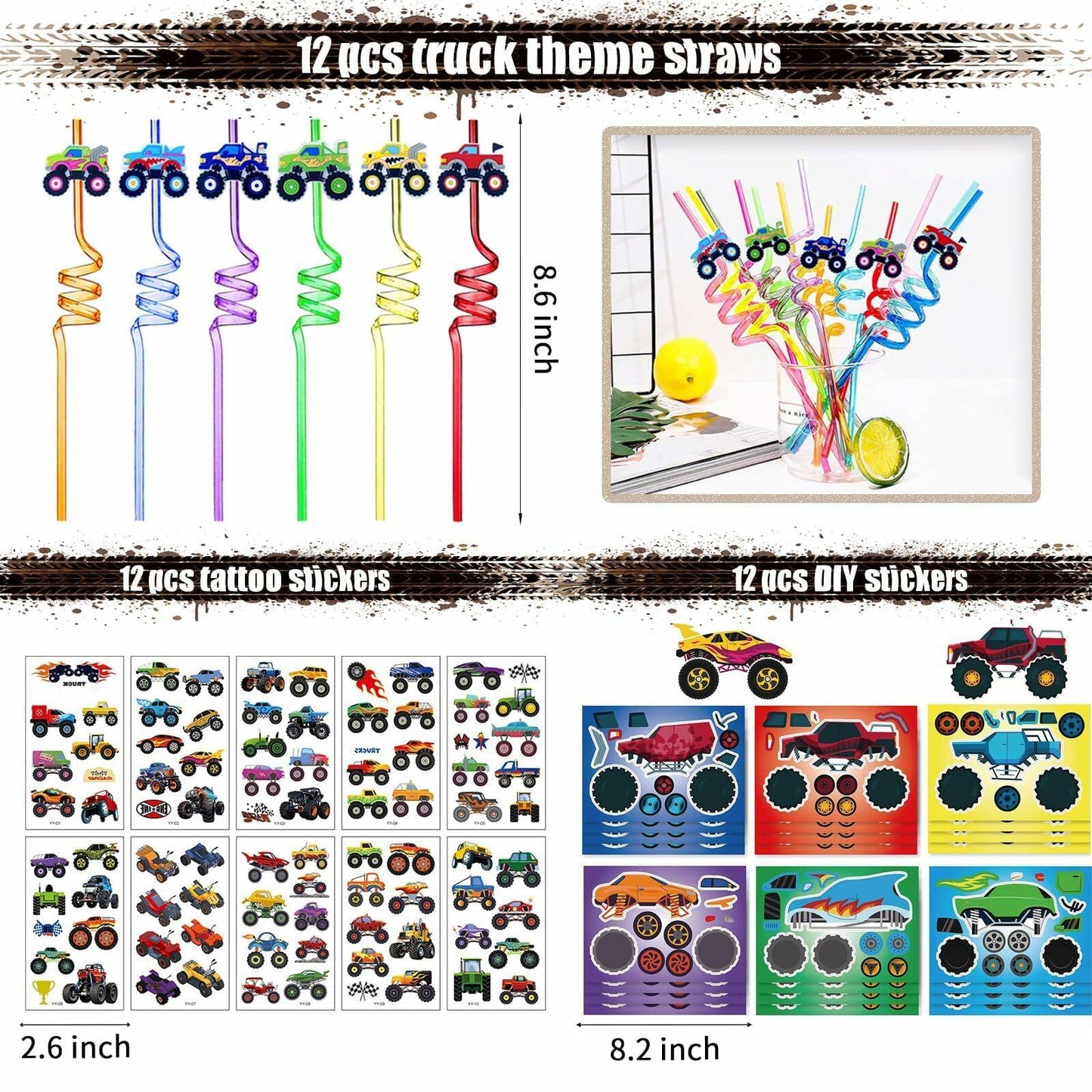 XIPEGPA Truck Party Favors Set - Keychains Slap Bracelets Stickers Straws