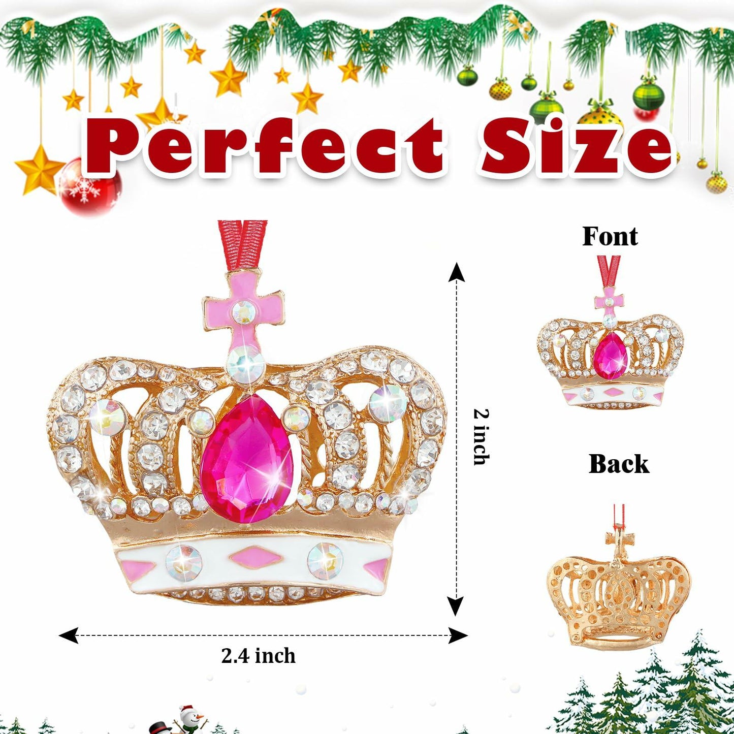 GROWTHMAGIC Pink Metal Crown Christmas Ornaments with Rhinestones Xmas Decor