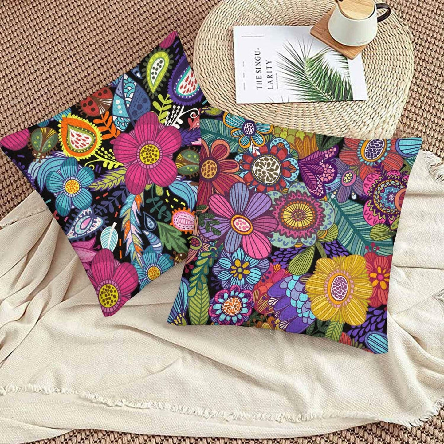 Boqpolu Boho Floral Pillow Covers 18x18 Inch Colorful Set of 2 Cotton Linen