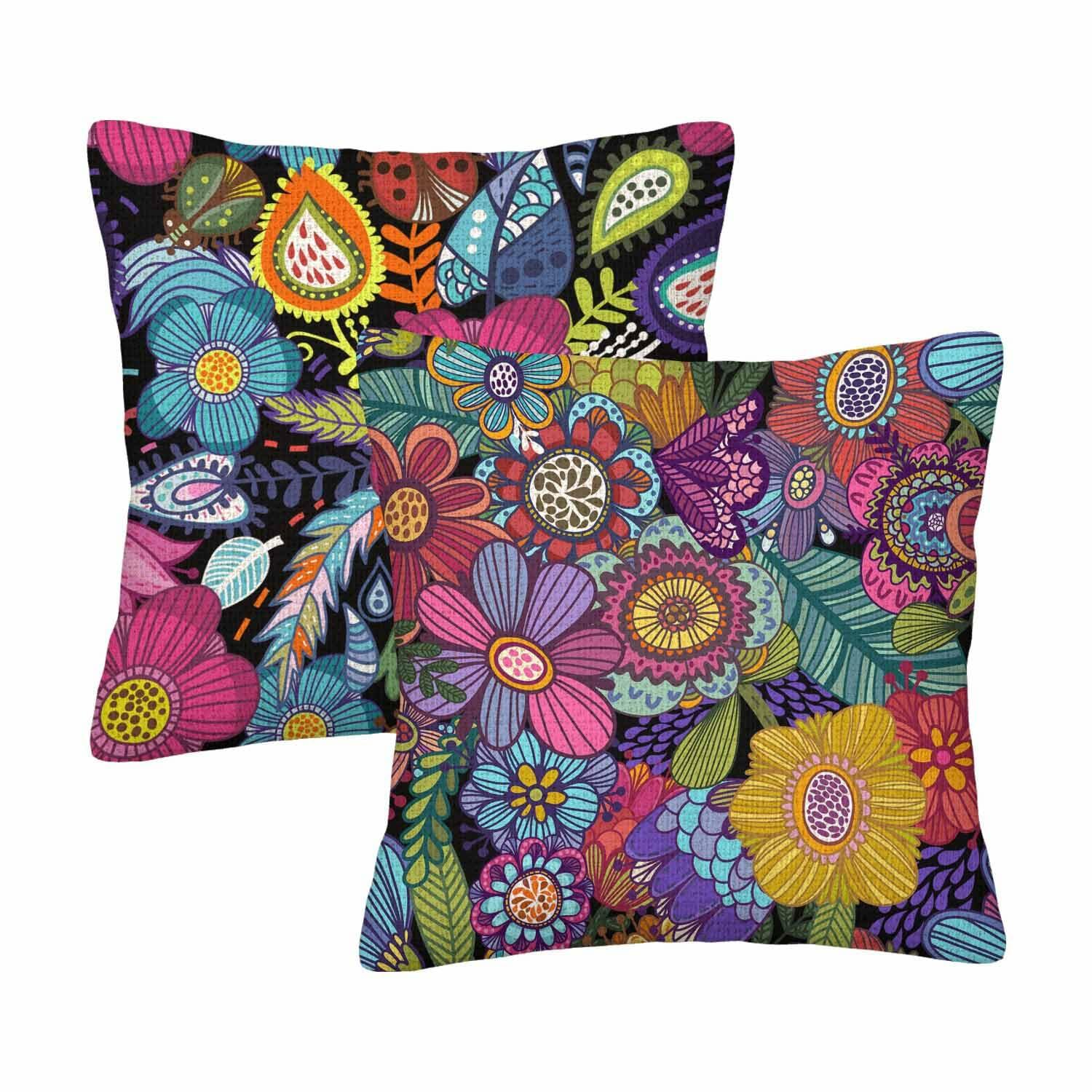 Boqpolu Boho Floral Pillow Covers 18x18 Inch Colorful Set of 2 Cotton Linen